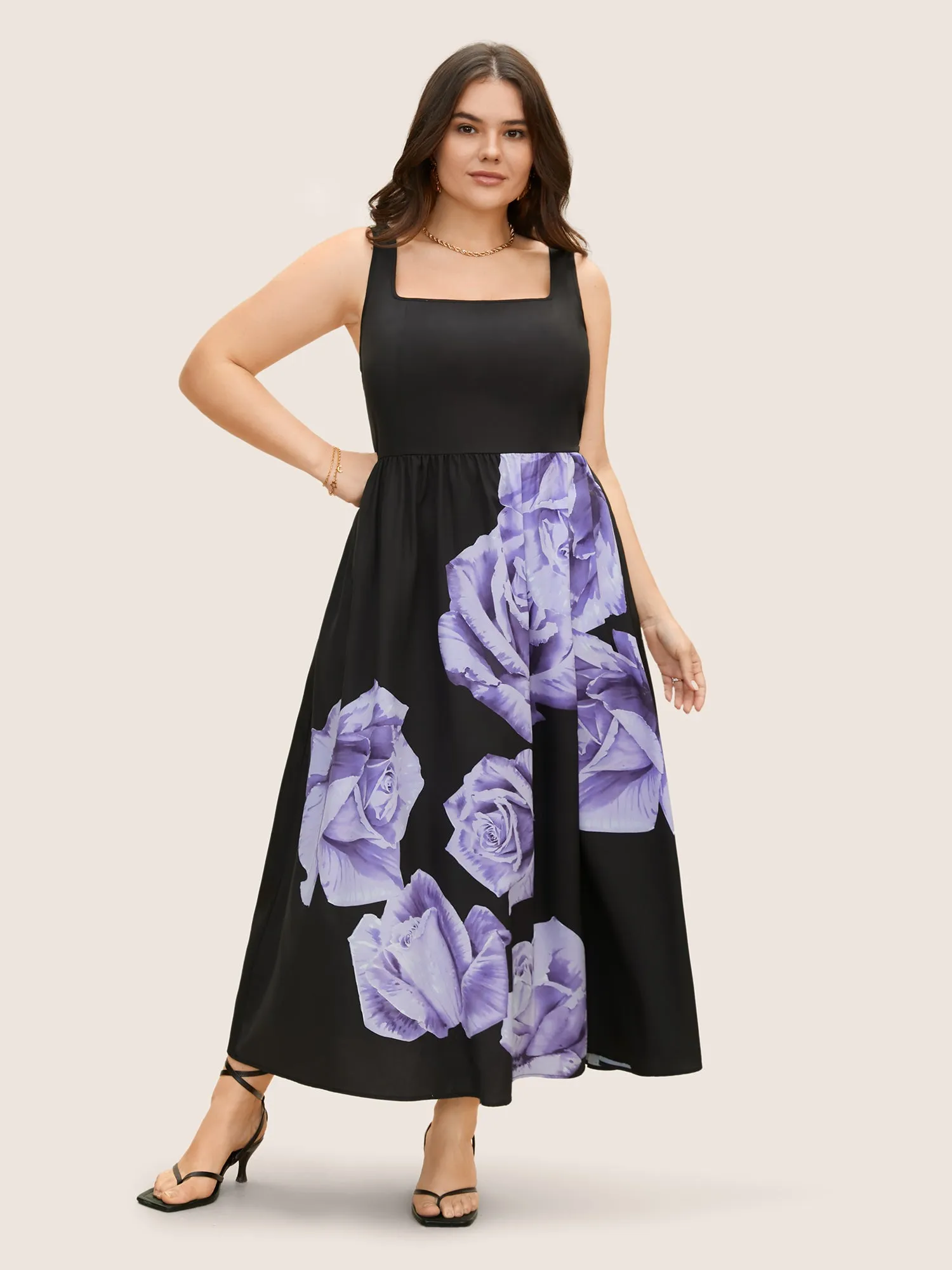 Square Neck Rose Print Elastic Waist Maxi Dress sold by Bloomchic product image thumbnail 3