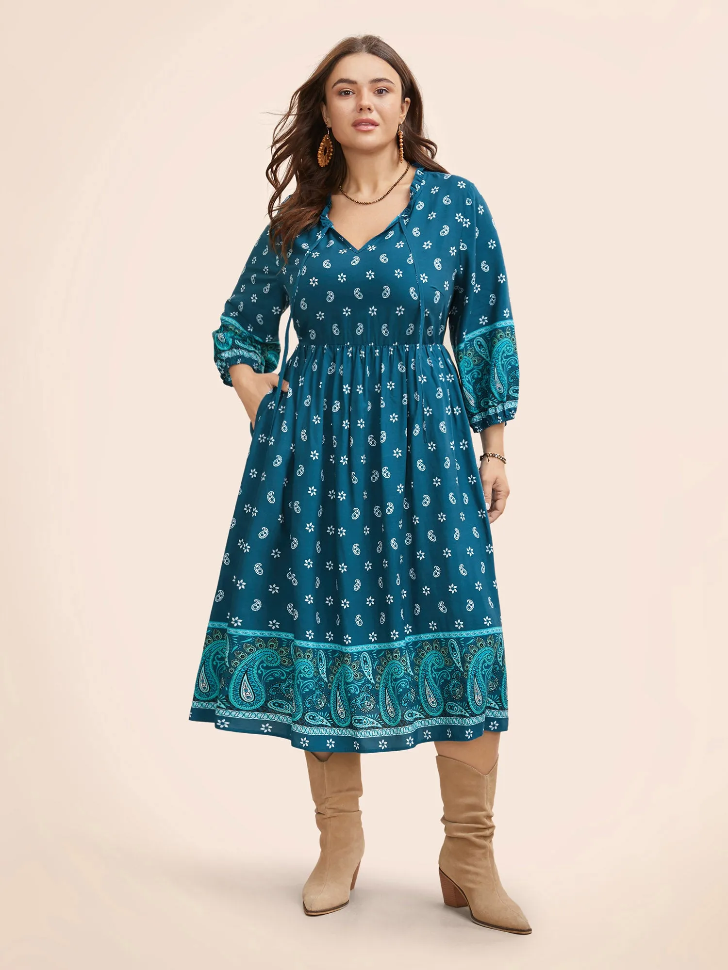 Paisley Print Tie Knot Lantern Sleeve Dress sold by Bloomchic product image thumbnail 2