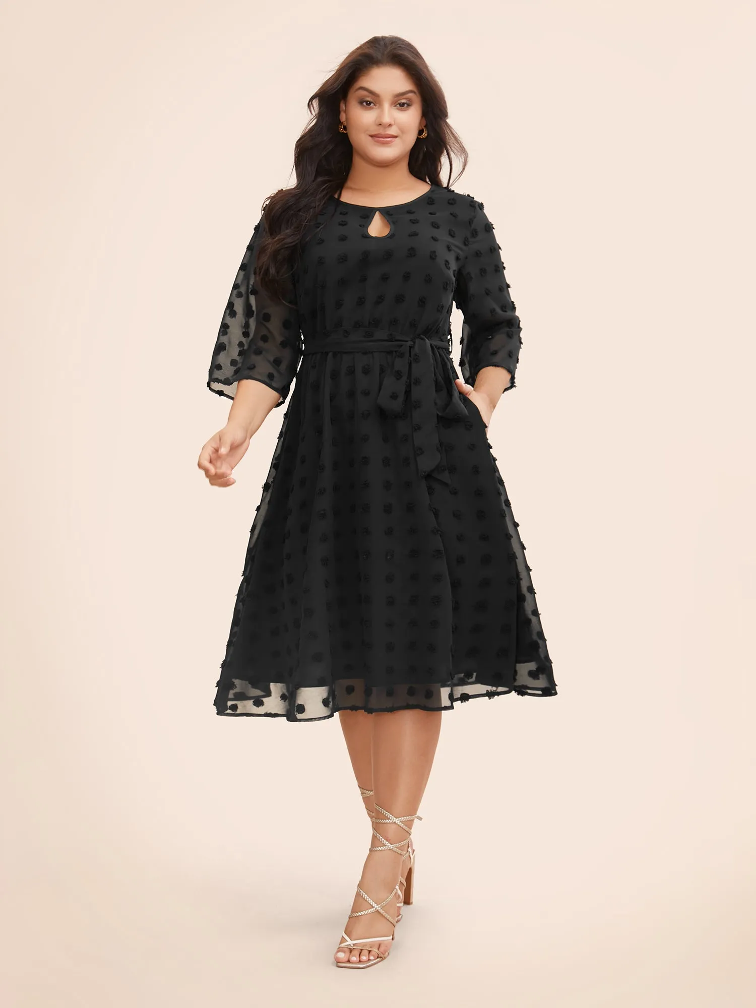 Chiffon Jacquard Patchwork Mesh Keyhole Dress sold by Bloomchic