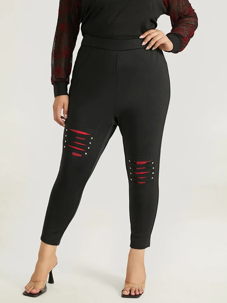 Halloween Skinny Plaid Patchwork Metal Nail Leggings sold by Bloomchic