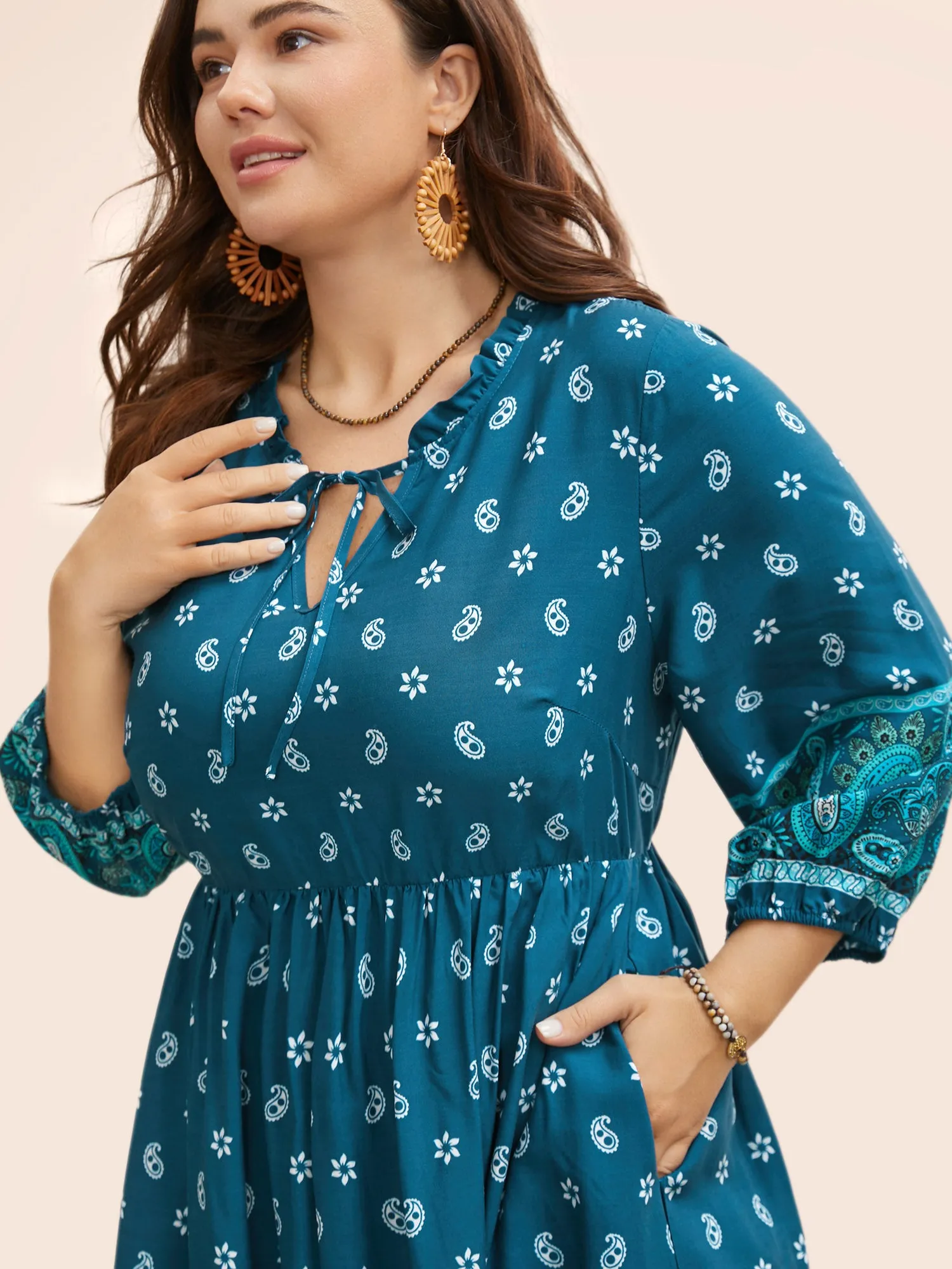 Paisley Print Tie Knot Lantern Sleeve Dress sold by Bloomchic product image thumbnail 3