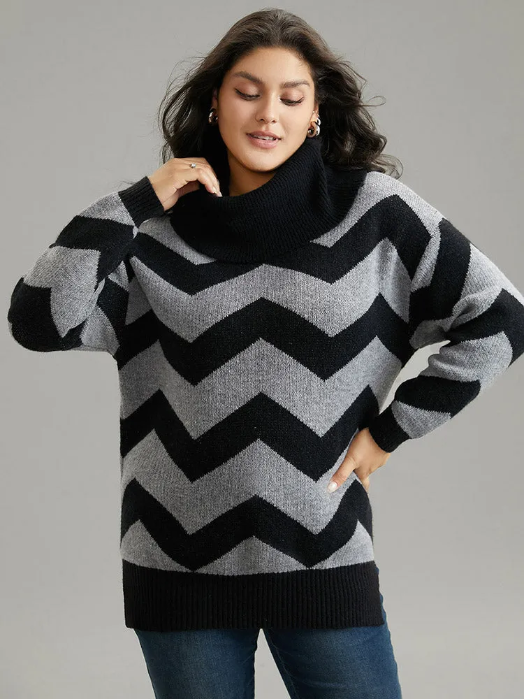 Geo Striped Turtle Neck Drop Shoulder Pullover sold by Bloomchic