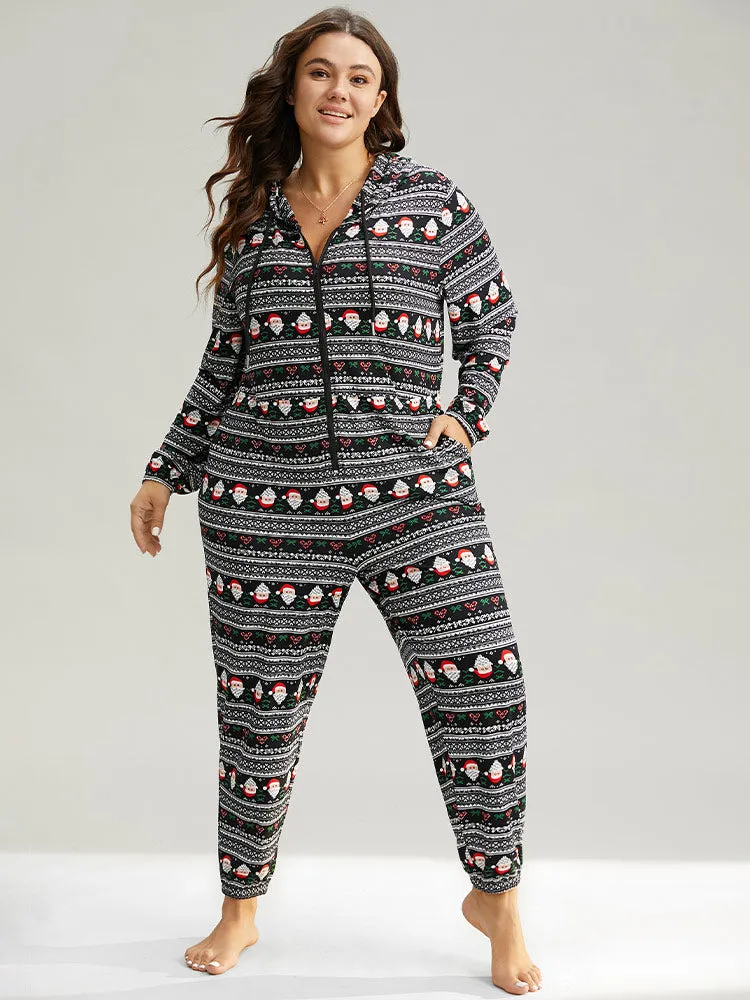 Christmas Print Zipper Hooded Drawstring Sleep Jumpsuit sold by Bloomchic