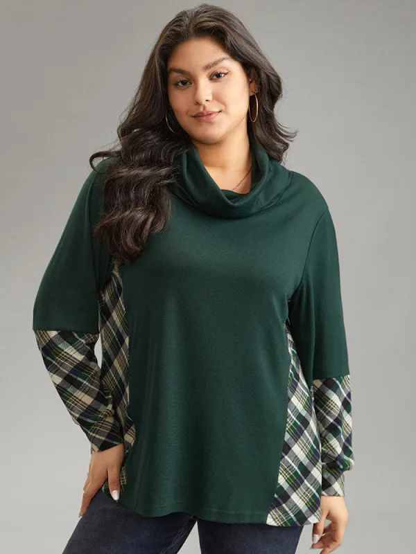 Mock Neck Plaid Patchwork Knit T-shirt made by Bloomchic