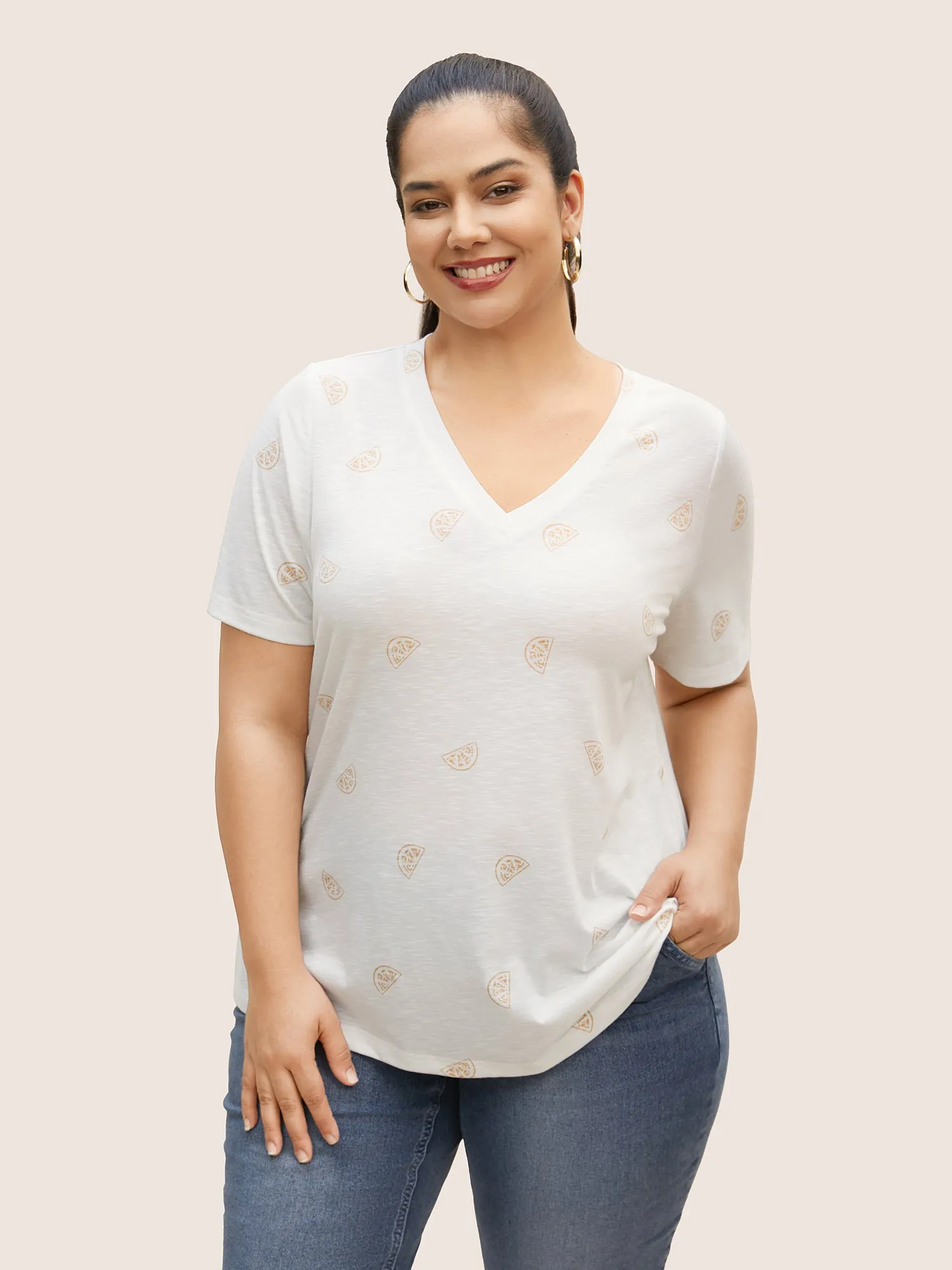 Lemon Print V Neck T-shirt sold by Bloomchic