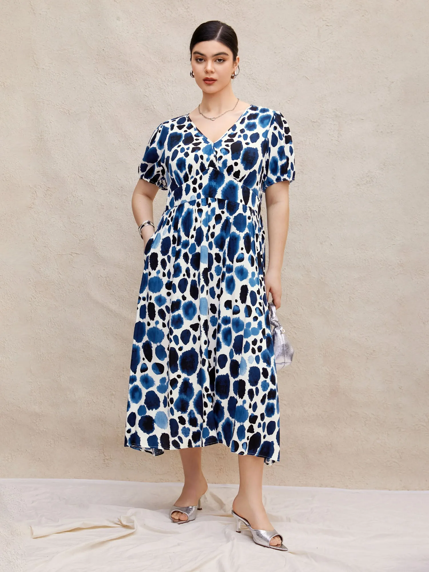 Watercolor Polka Dot Wrap Lantern Sleeve Dress sold by Bloomchic