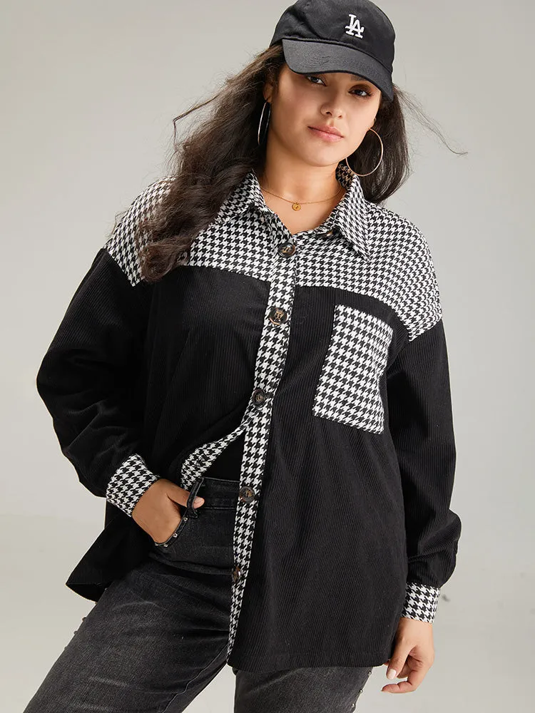 Houndstooth Patchwork Pocket Button Through Corduroy Coat sold by Bloomchic