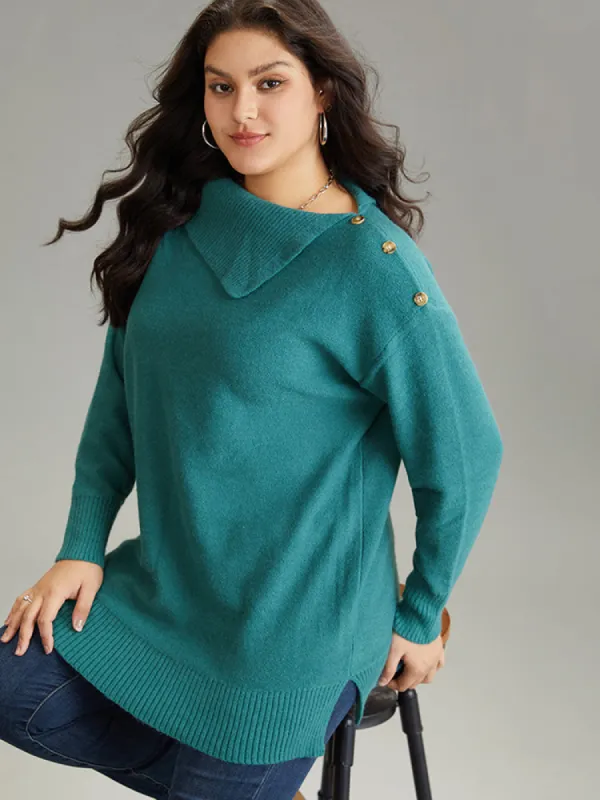 Supersoft Essentials Plain Lapel Collar Button Detail Pullover sold by Bloomchic