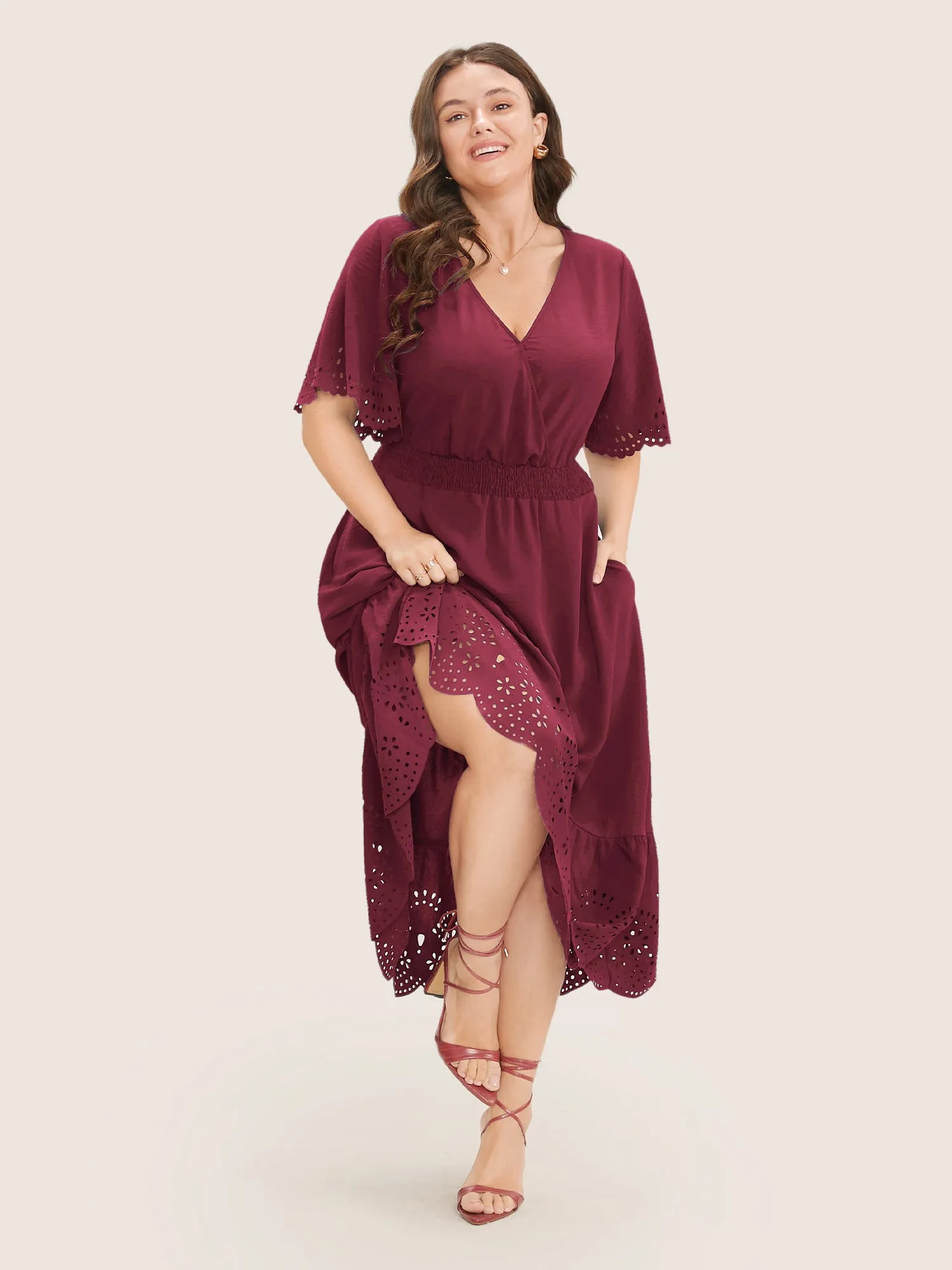 Solid Laser Cut Shirred Pocket Wrap Scalloped Trim Flutter Dress sold by Bloomchic product image thumbnail 2