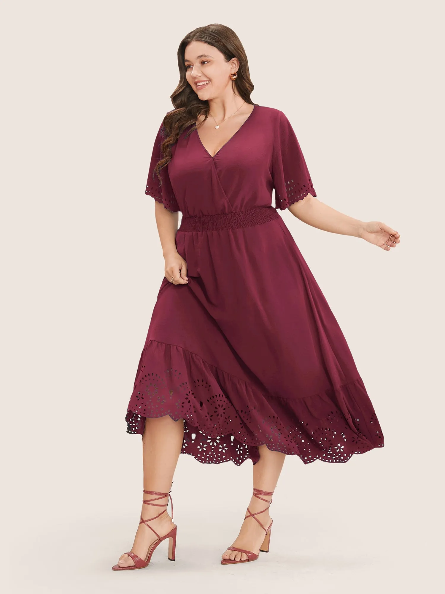 Solid Laser Cut Shirred Pocket Wrap Scalloped Trim Flutter Dress sold by Bloomchic