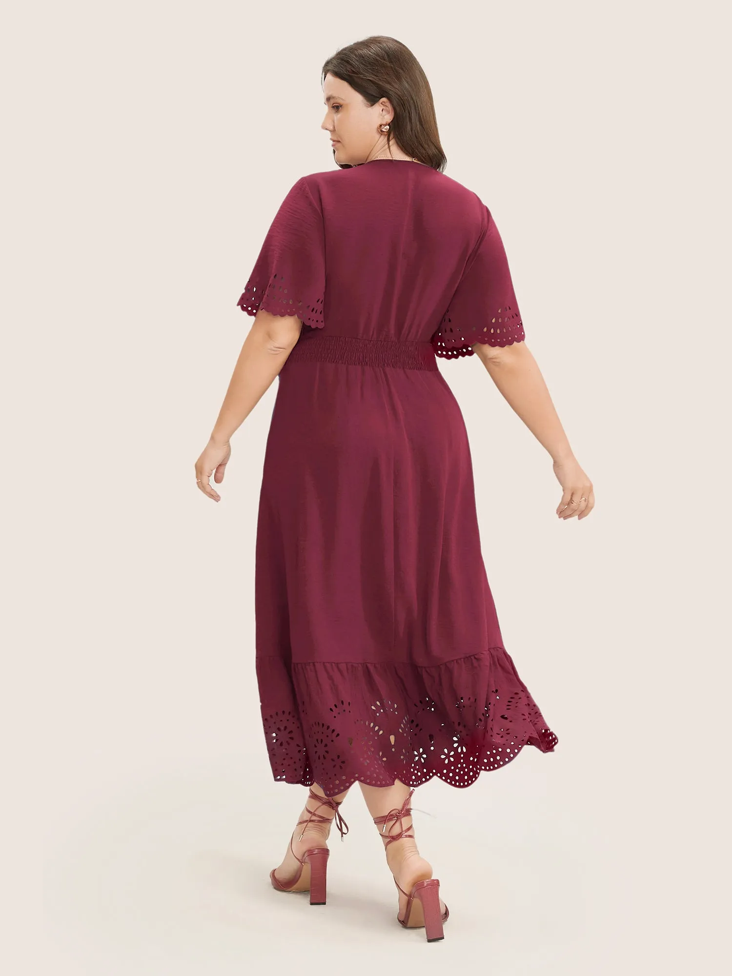 Solid Laser Cut Shirred Pocket Wrap Scalloped Trim Flutter Dress sold by Bloomchic product image thumbnail 4