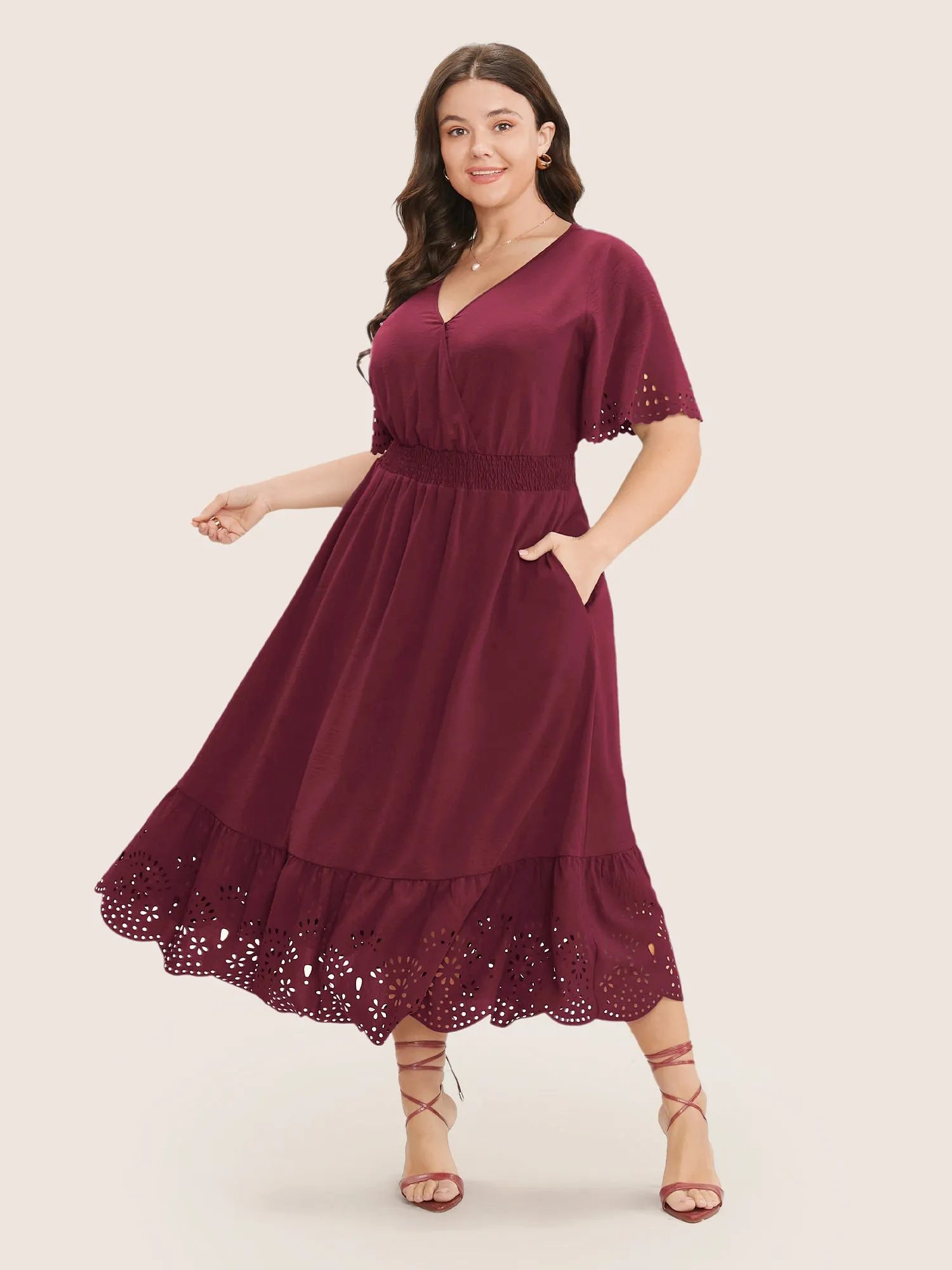 Solid Laser Cut Shirred Pocket Wrap Scalloped Trim Flutter Dress sold by Bloomchic product image thumbnail 3