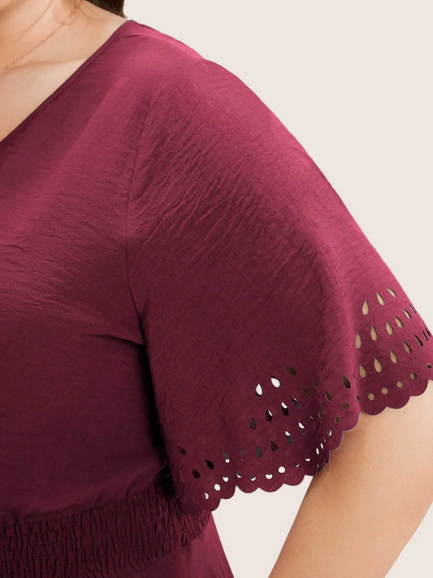 Solid Laser Cut Shirred Pocket Wrap Scalloped Trim Flutter Dress sold by Bloomchic product image thumbnail 5