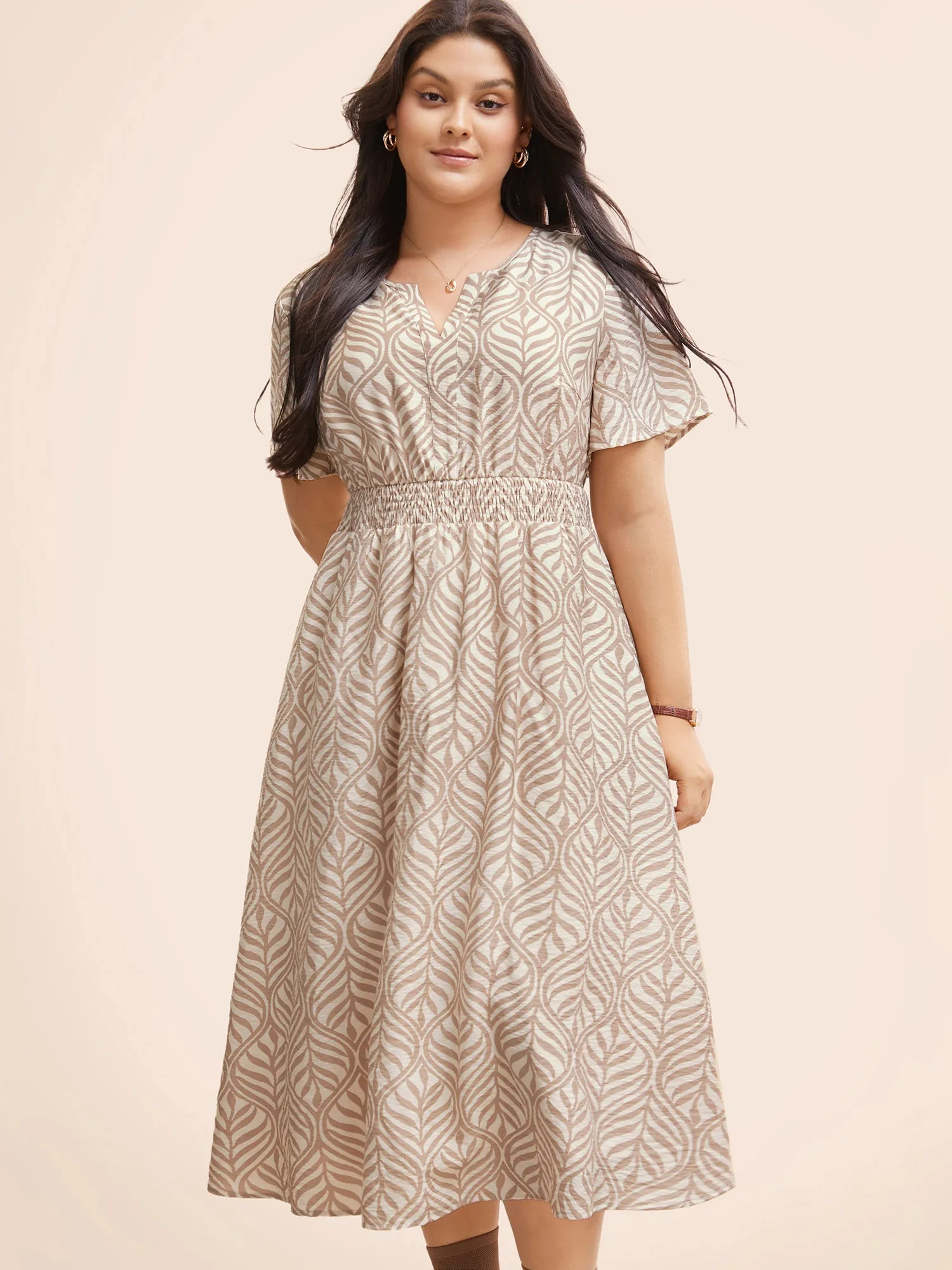 Boho Print Notched Collar Shirred Dress sold by Bloomchic product image thumbnail 3