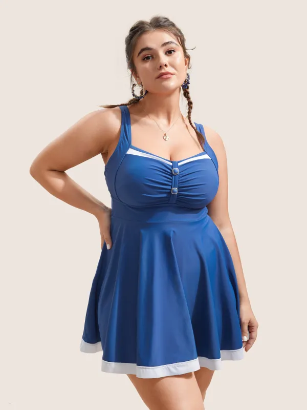 Plain Patchwork Ruched Button Detail Swim Dress sold by Bloomchic