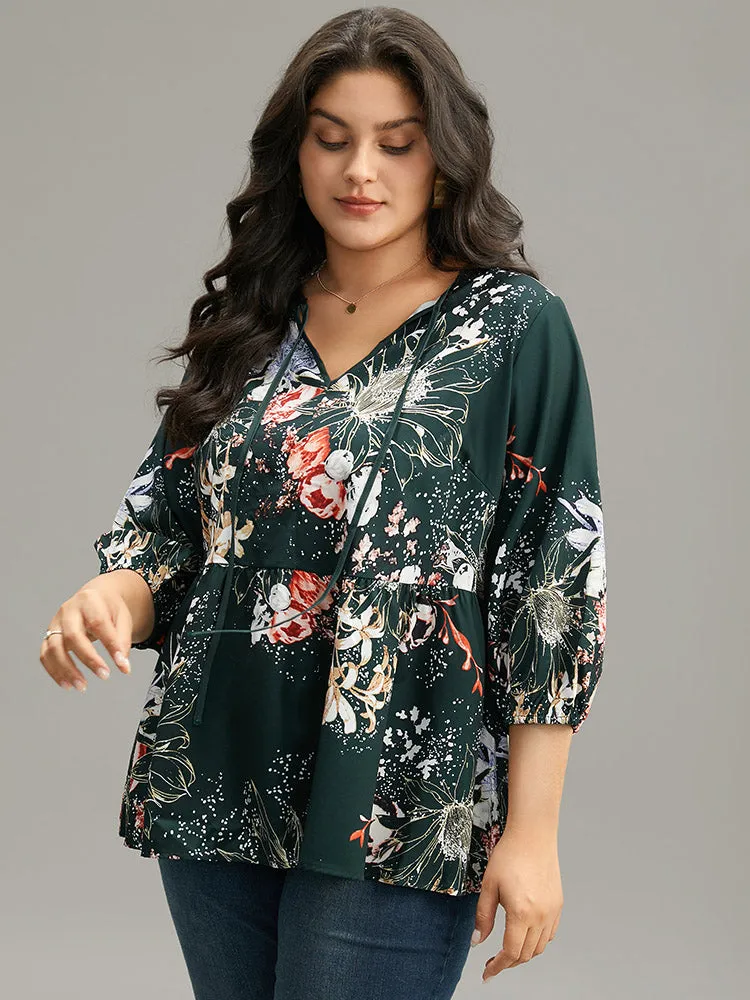 Floral Print Knot Neck Pompom Trim Gathered Blouse sold by Bloomchic product image thumbnail 3
