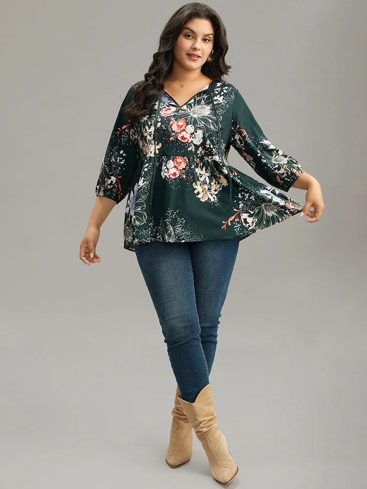Floral Print Knot Neck Pompom Trim Gathered Blouse sold by Bloomchic product image thumbnail 4