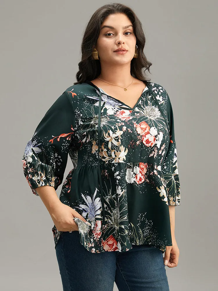 Floral Print Knot Neck Pompom Trim Gathered Blouse sold by Bloomchic product image thumbnail 5