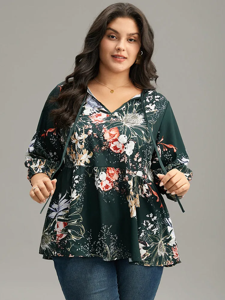 Floral Print Knot Neck Pompom Trim Gathered Blouse sold by Bloomchic