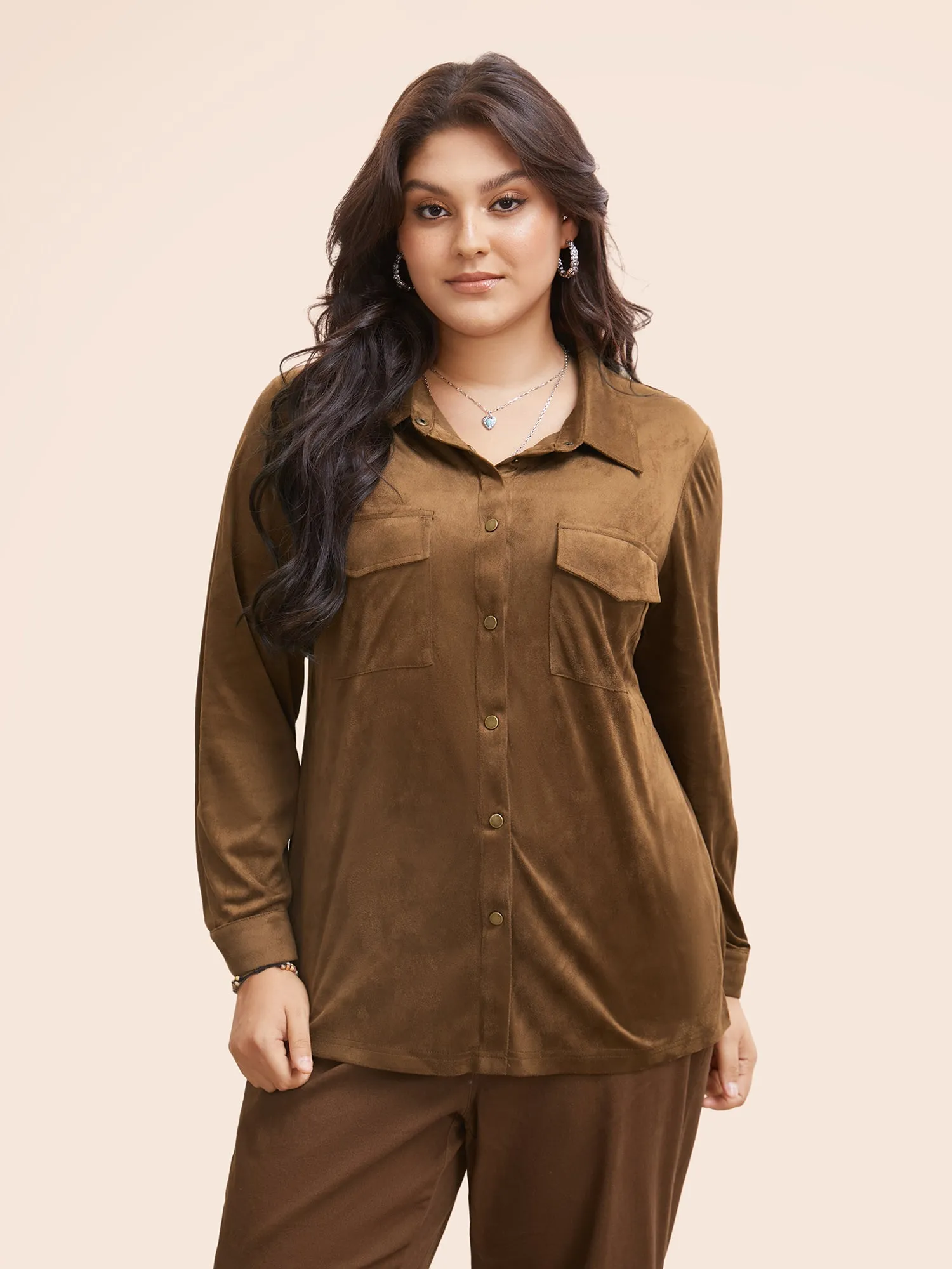 Stretchy Suede Pockets Slim-Fit Blouse sold by Bloomchic product image thumbnail 4