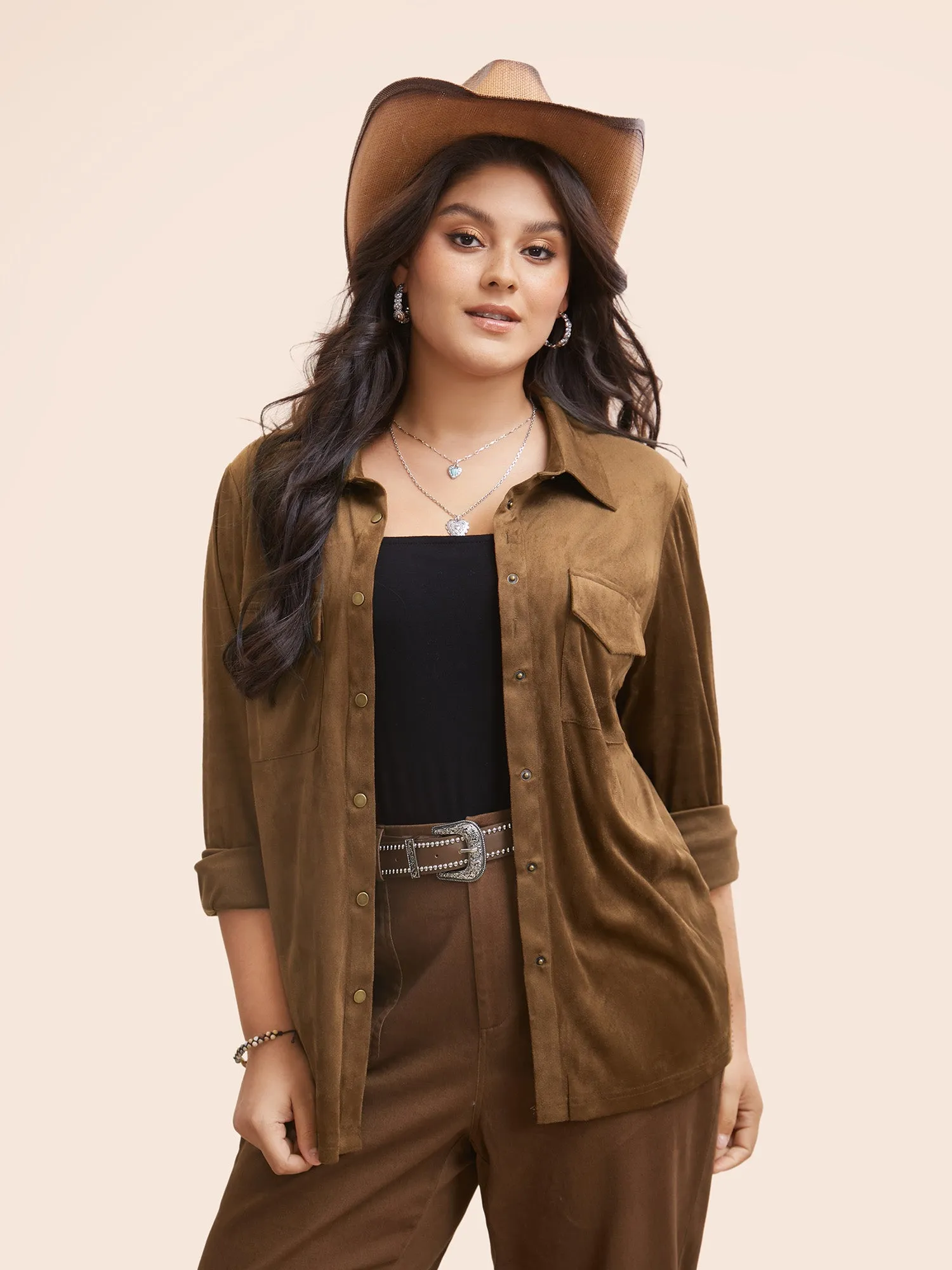 Stretchy Suede Pockets Slim-Fit Blouse sold by Bloomchic