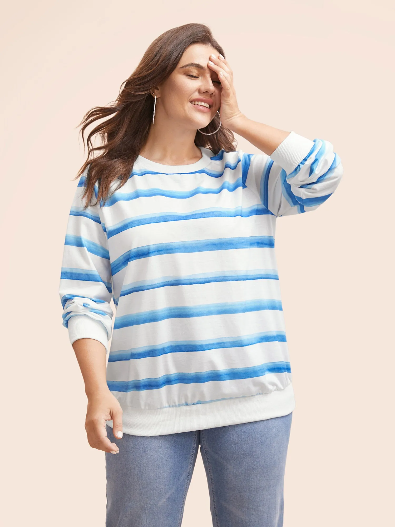 Striped Patchwork Round Neck Sweatshirt sold by Bloomchic