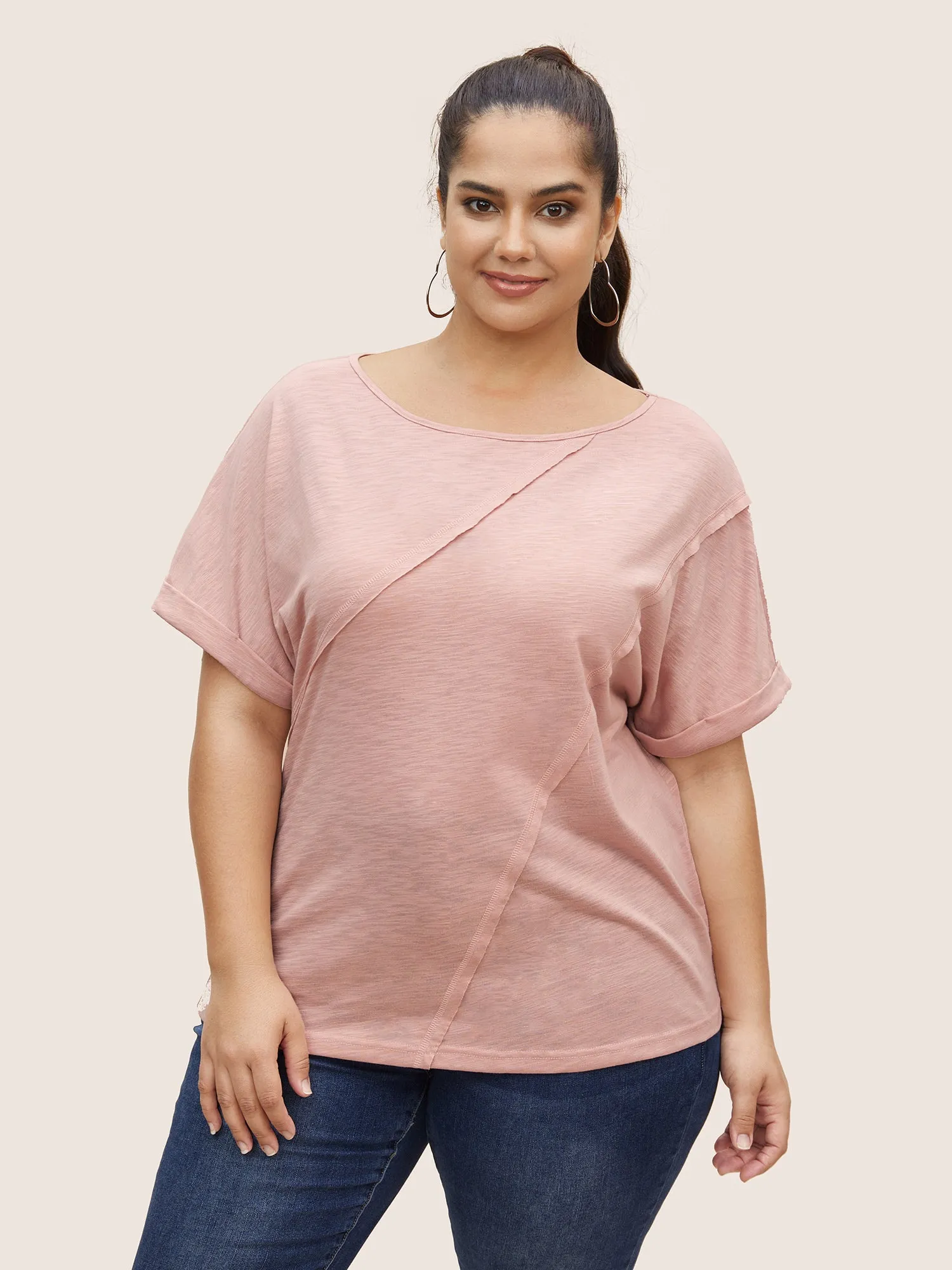 Round Neck Patchwork Cuffed Sleeve T-shirt sold by Bloomchic