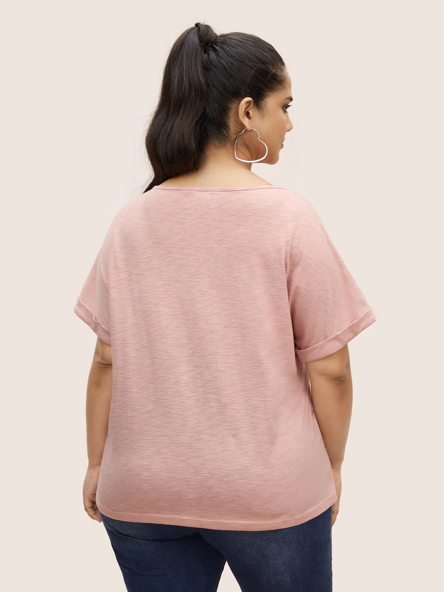Round Neck Patchwork Cuffed Sleeve T-shirt sold by Bloomchic product image thumbnail 2