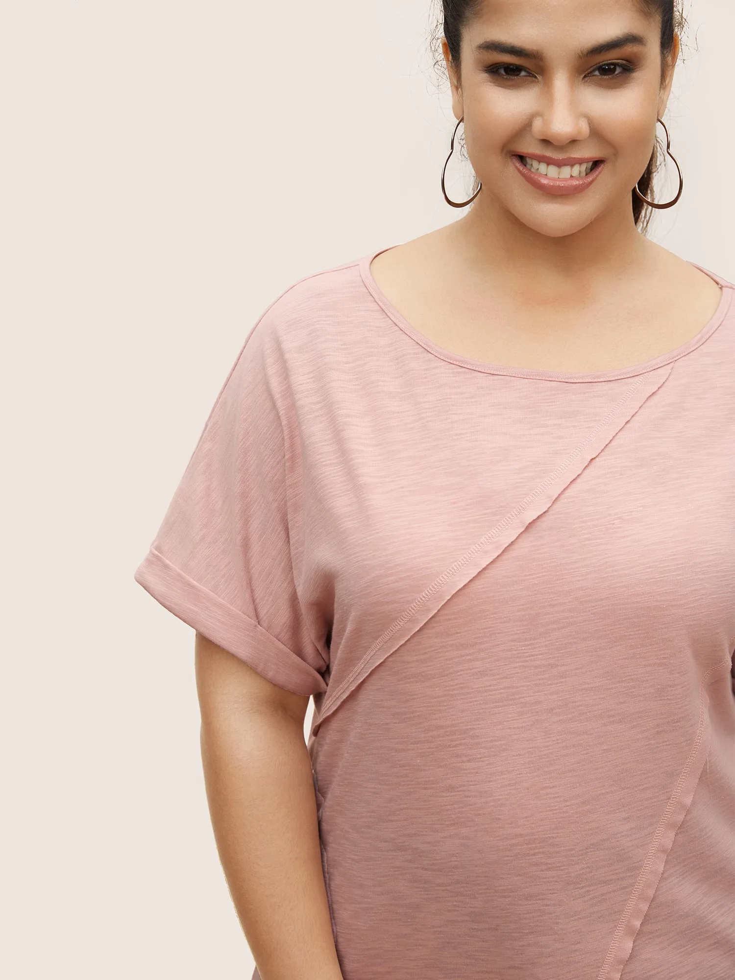 Round Neck Patchwork Cuffed Sleeve T-shirt sold by Bloomchic product image thumbnail 4