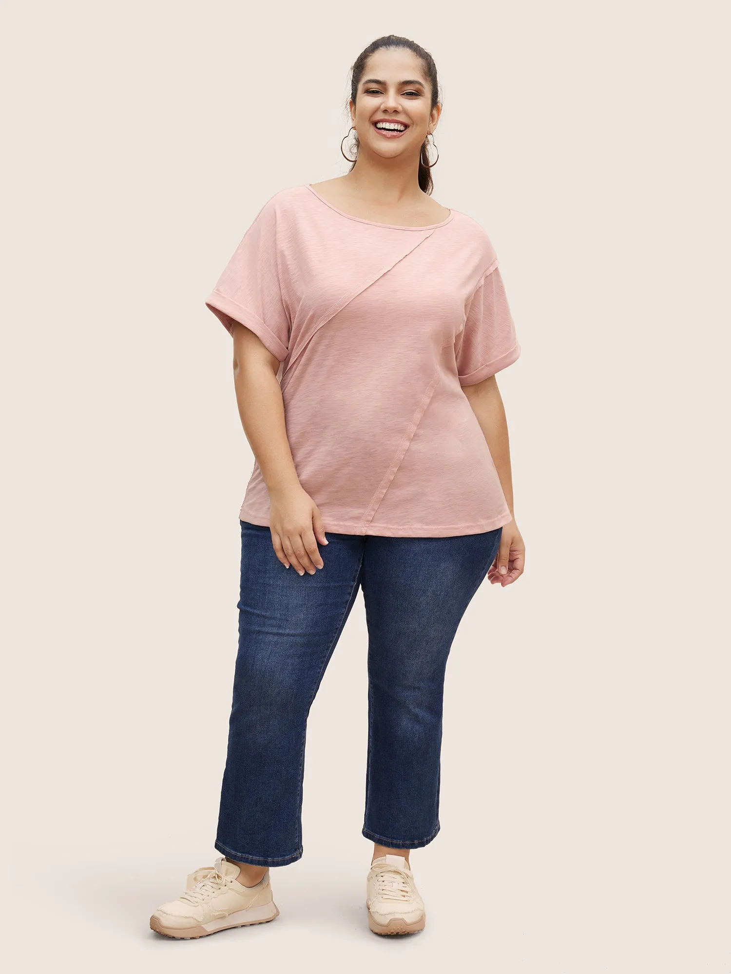 Round Neck Patchwork Cuffed Sleeve T-shirt sold by Bloomchic product image thumbnail 3