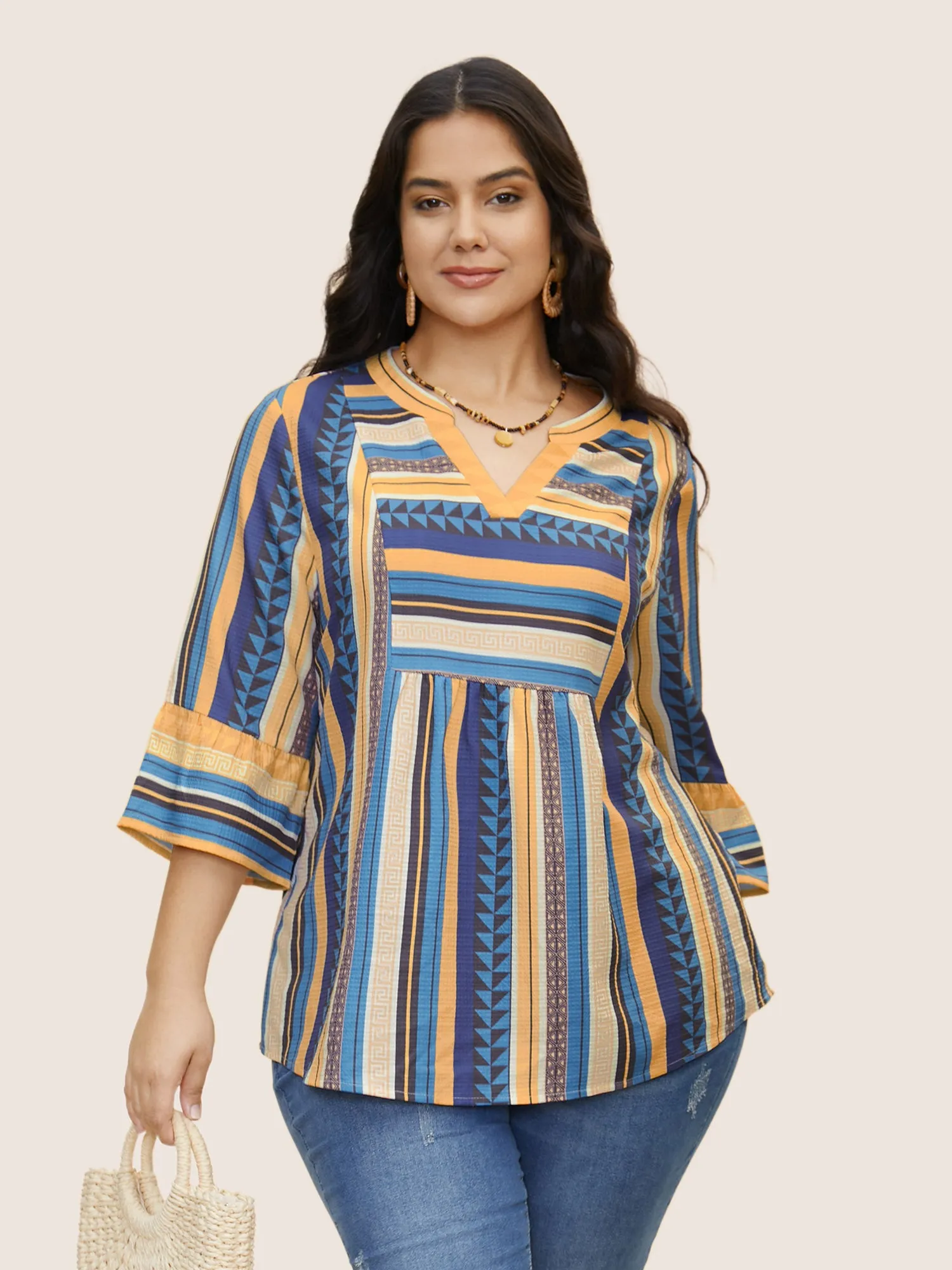 Striped Notched Collar Ruffle Sleeve Blouse sold by Bloomchic product image thumbnail 4