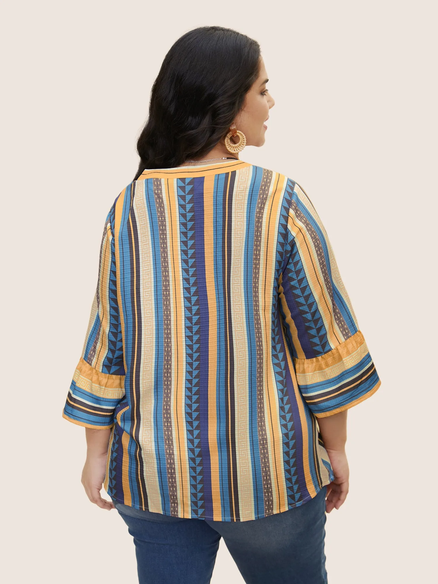 Striped Notched Collar Ruffle Sleeve Blouse sold by Bloomchic product image thumbnail 3