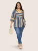 Striped Notched Collar Ruffle Sleeve Blouse sold by Bloomchic