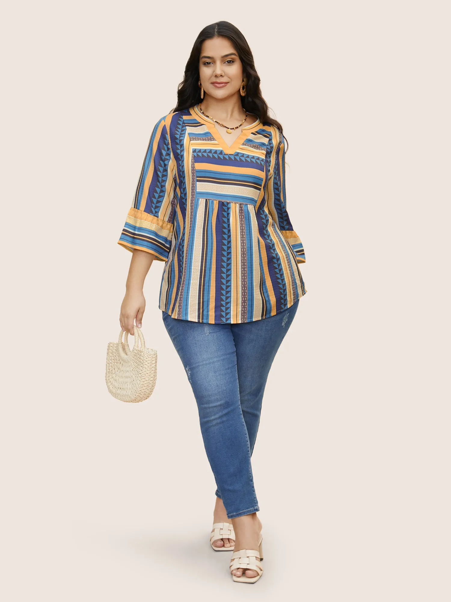 Striped Notched Collar Ruffle Sleeve Blouse sold by Bloomchic product image thumbnail 2