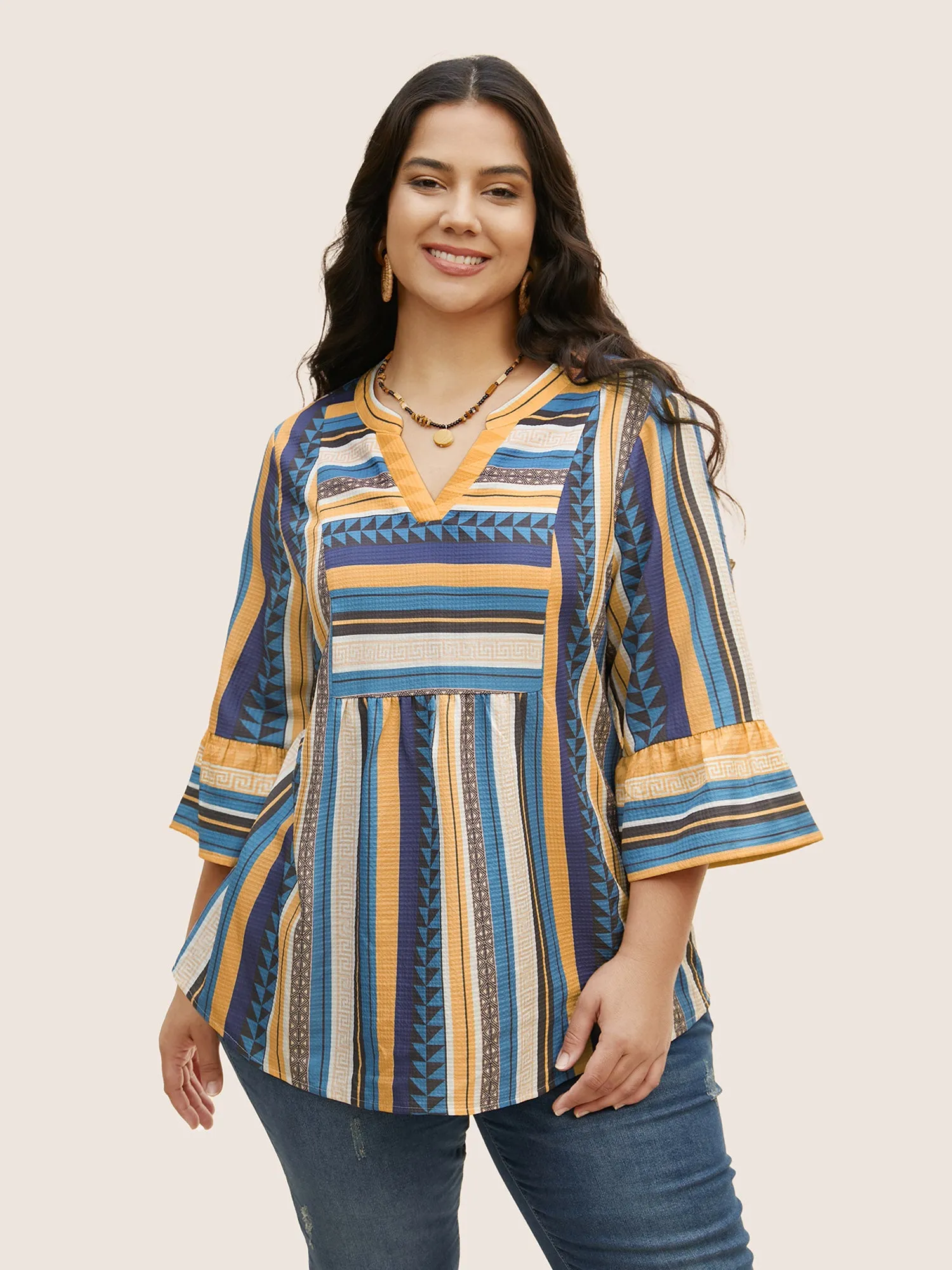 Striped Notched Collar Ruffle Sleeve Blouse sold by Bloomchic