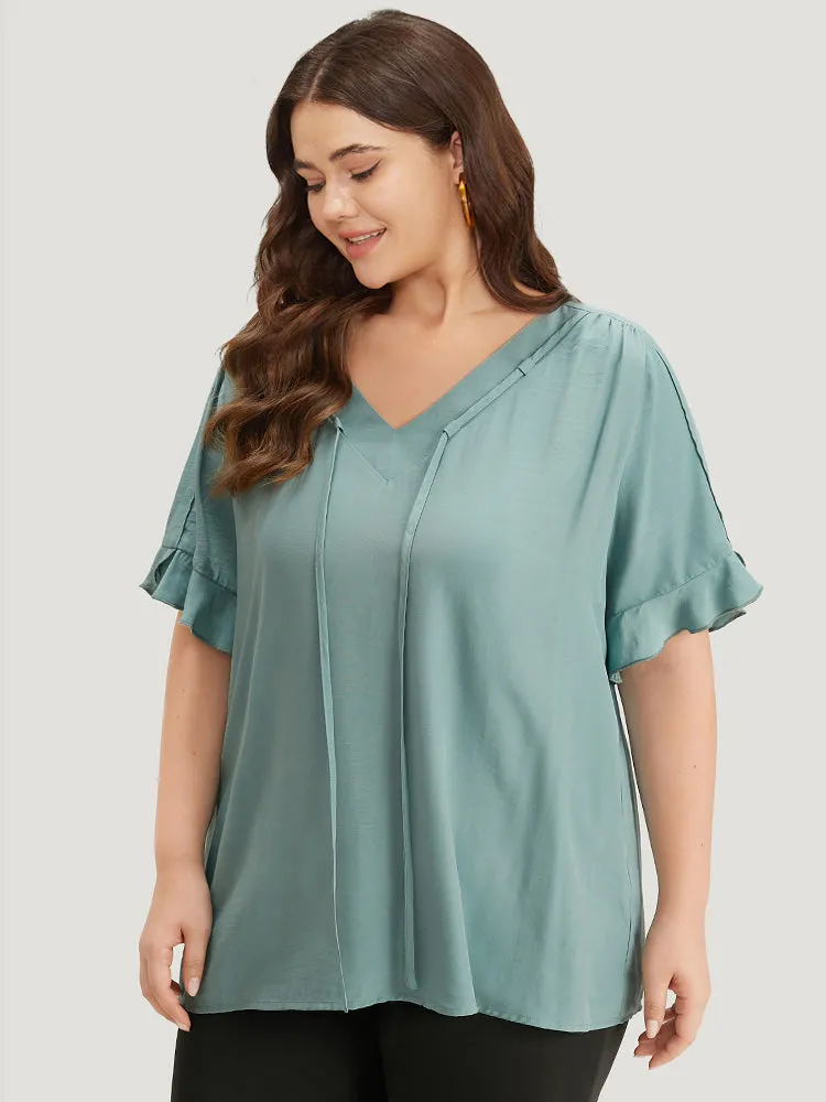 Solid Knot V Neck Ruffle Sleeve Blouse sold by Bloomchic product image thumbnail 3