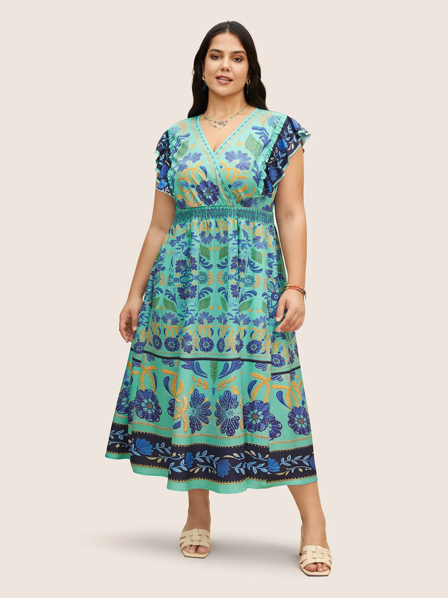 Surplice Neck Boho Print Ruffles Shirred Dress sold by Bloomchic product image thumbnail 2