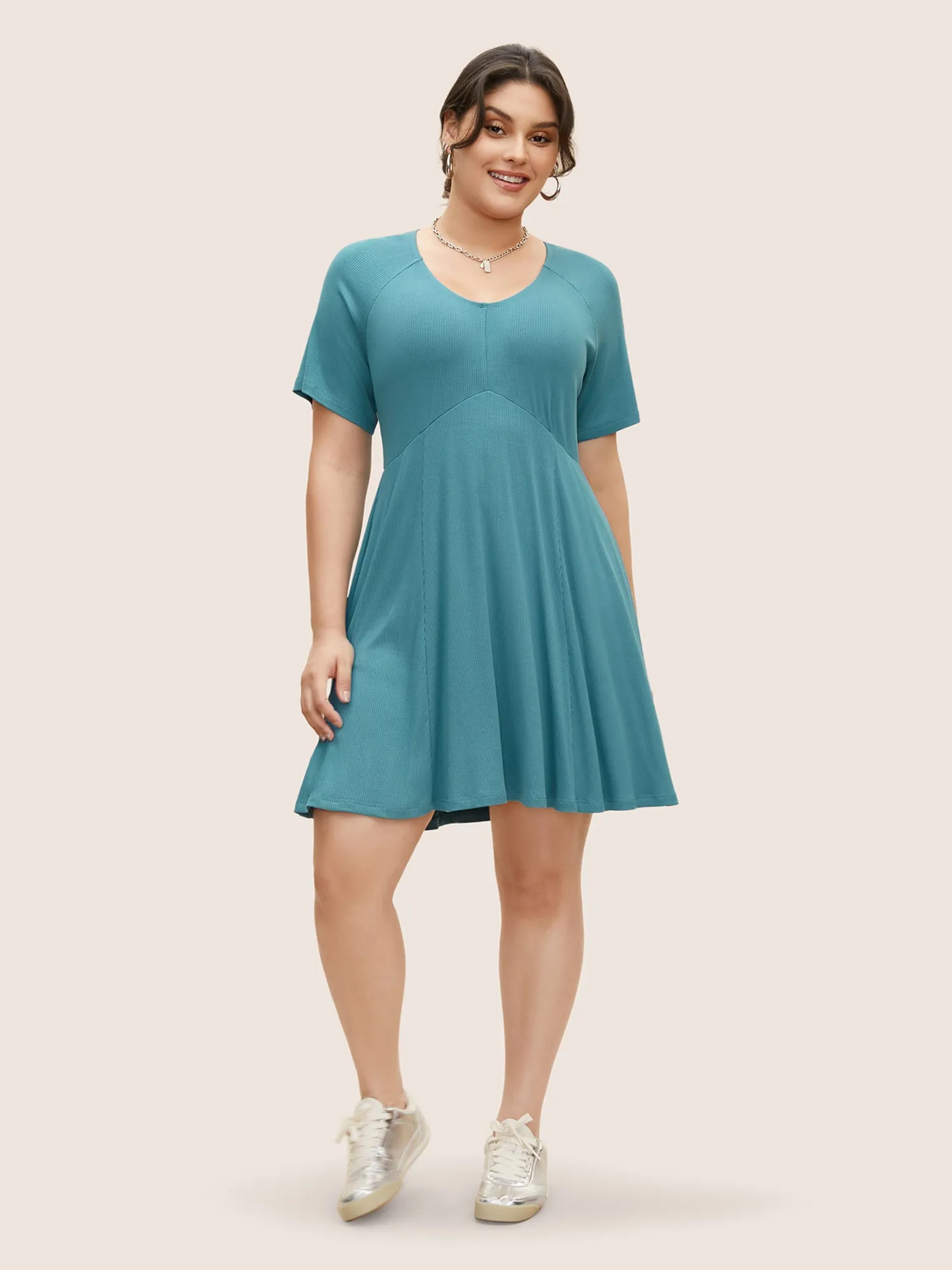 U Neck Solid Raglan Sleeve Dress sold by Bloomchic