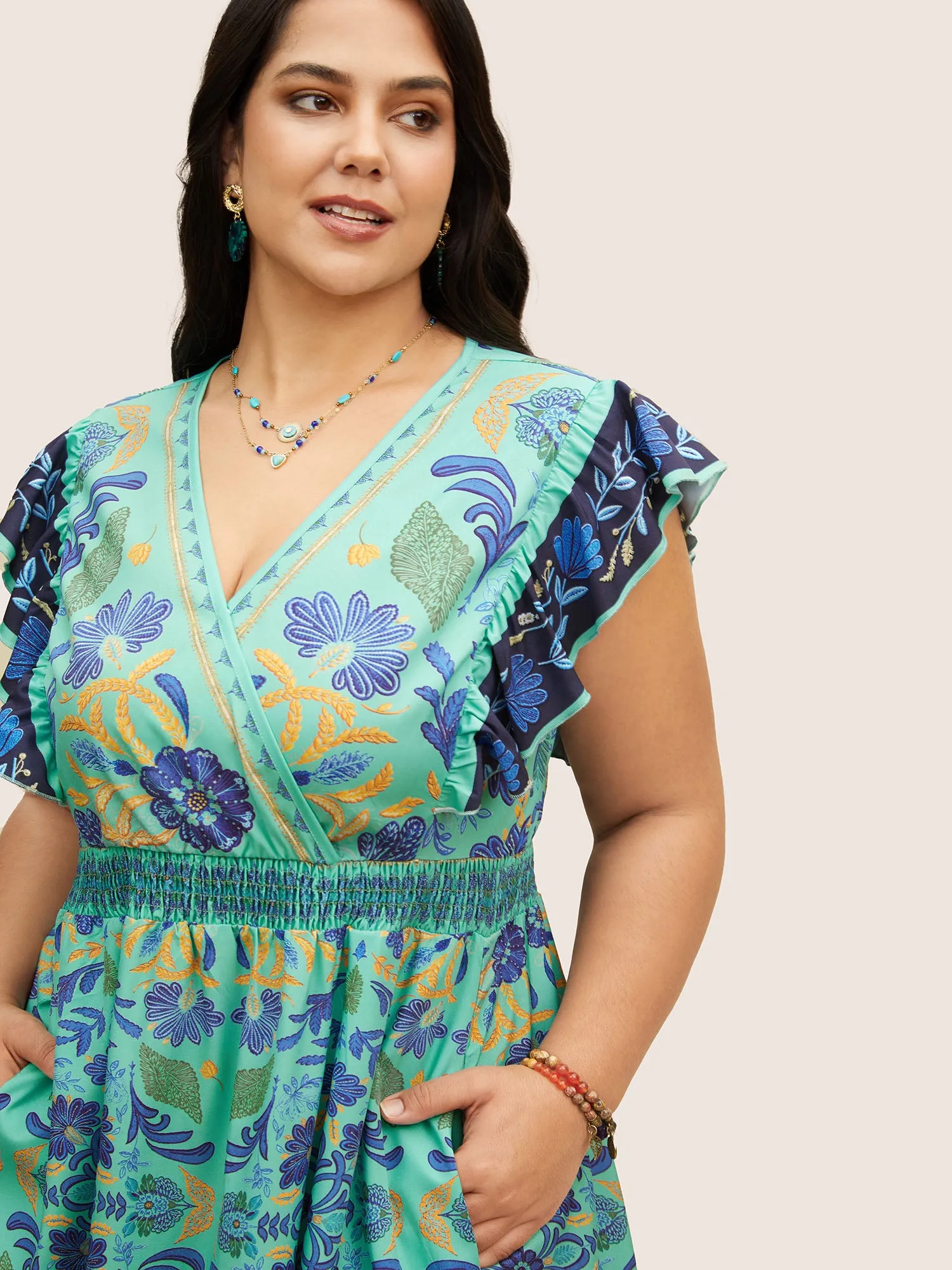 Surplice Neck Boho Print Ruffles Shirred Dress sold by Bloomchic product image thumbnail 4