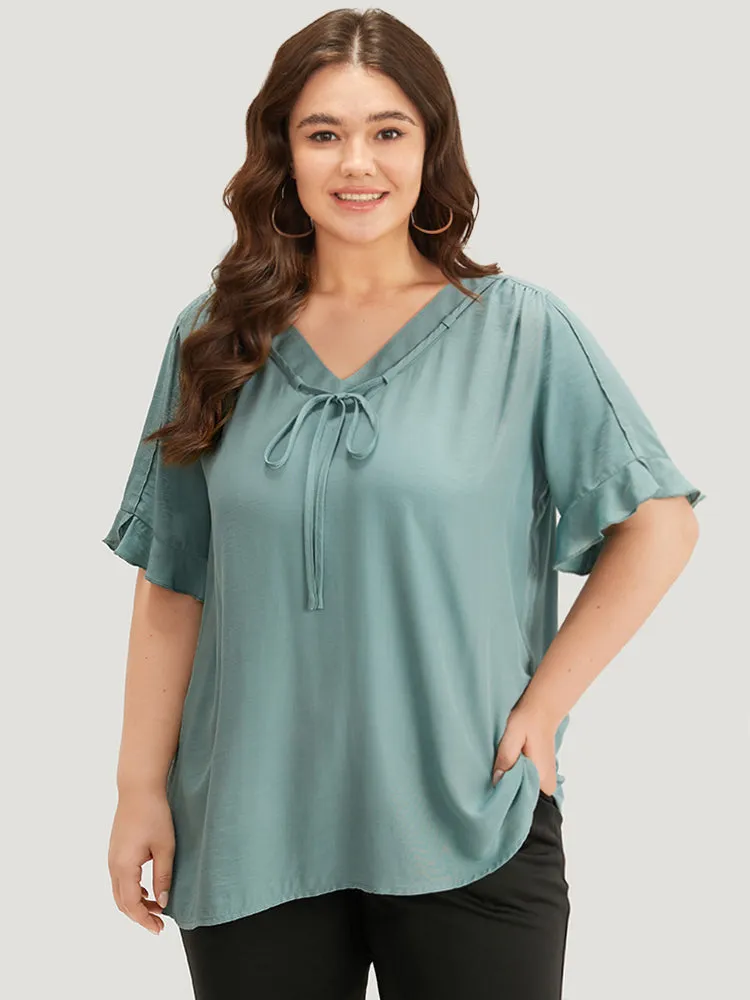 Solid Knot V Neck Ruffle Sleeve Blouse sold by Bloomchic product image thumbnail 2