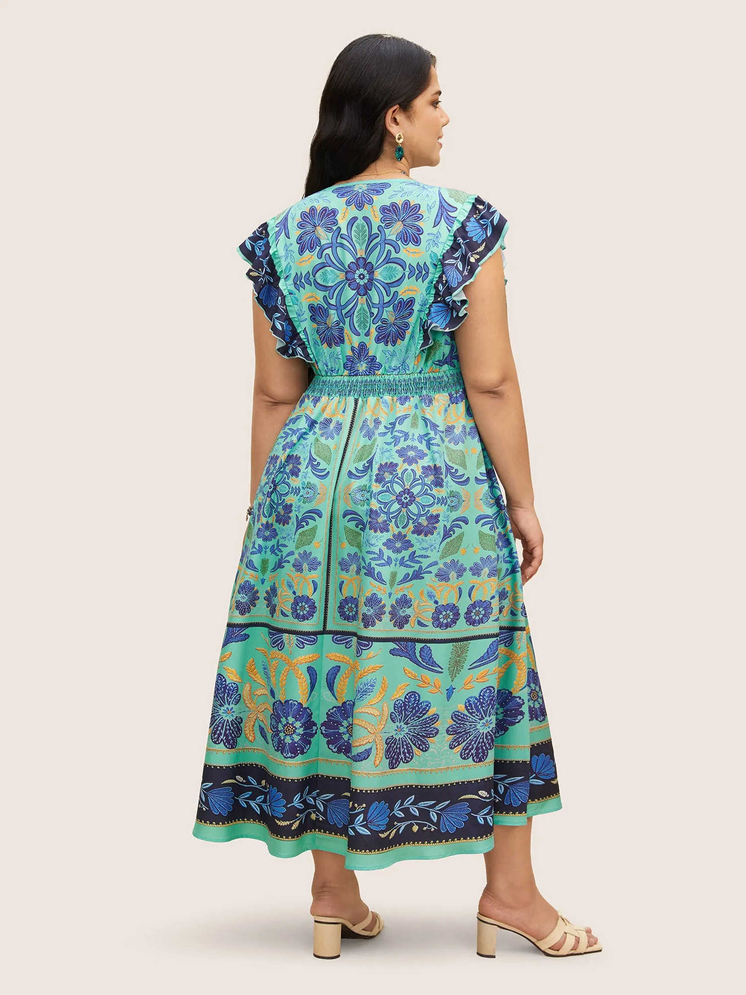 Surplice Neck Boho Print Ruffles Shirred Dress sold by Bloomchic product image thumbnail 3