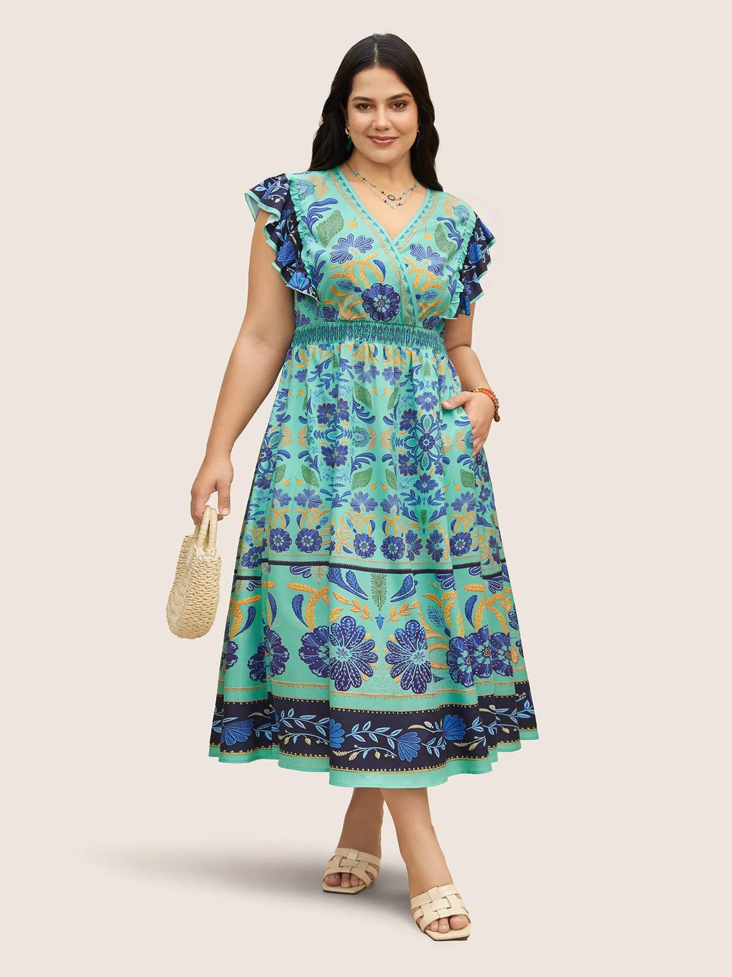 Surplice Neck Boho Print Ruffles Shirred Dress sold by Bloomchic