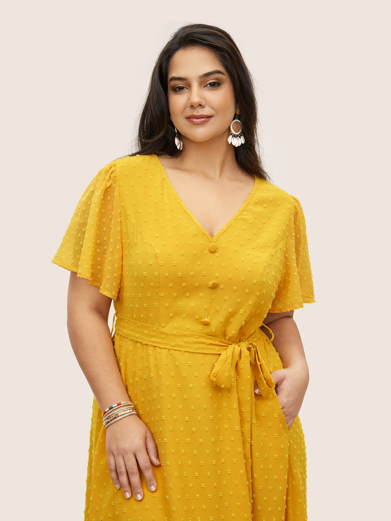 Citrus Texture Ruffle Sleeve Button Detail Dress sold by Bloomchic product image thumbnail 4