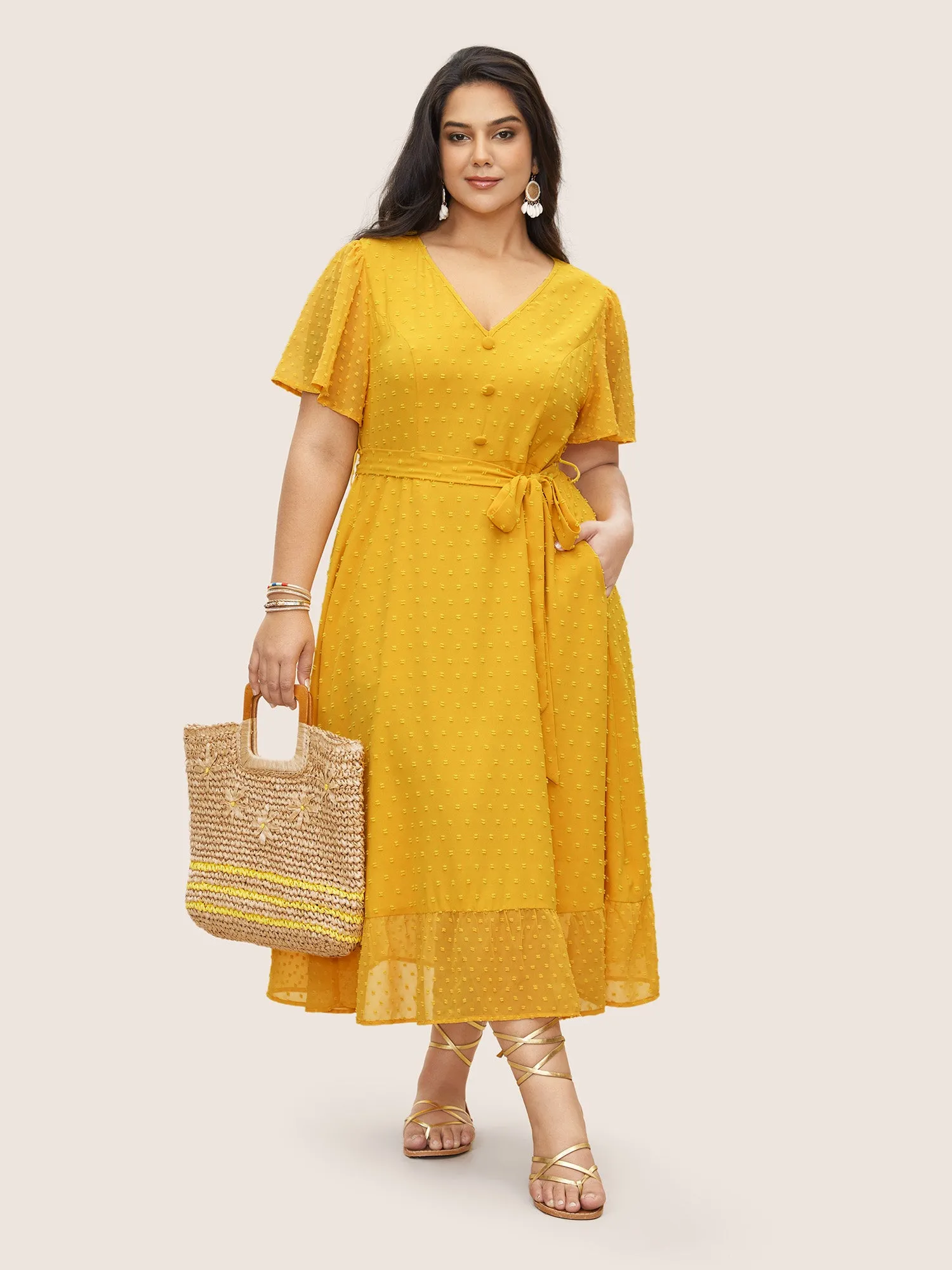 Citrus Texture Ruffle Sleeve Button Detail Dress sold by Bloomchic