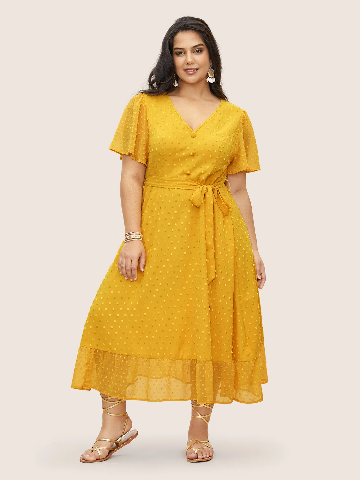 Citrus Texture Ruffle Sleeve Button Detail Dress sold by Bloomchic product image thumbnail 2
