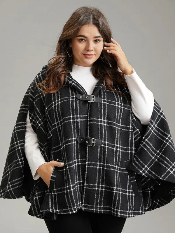 Plaid Buckle Detail Pocket Hooded Cape Coat sold by Bloomchic
