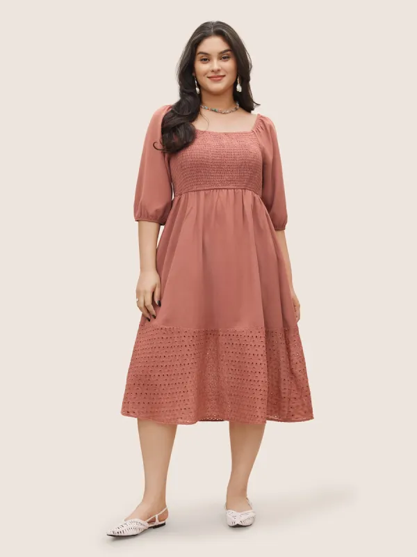 Solid Square Neck Shirred Elastic Waist Cut Out Dress sold by Bloomchic