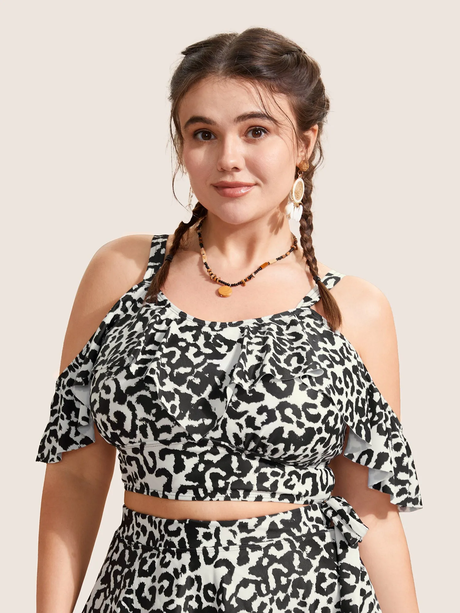 Leopard Print Ruffles Adjustable Straps Swim Top sold by Bloomchic