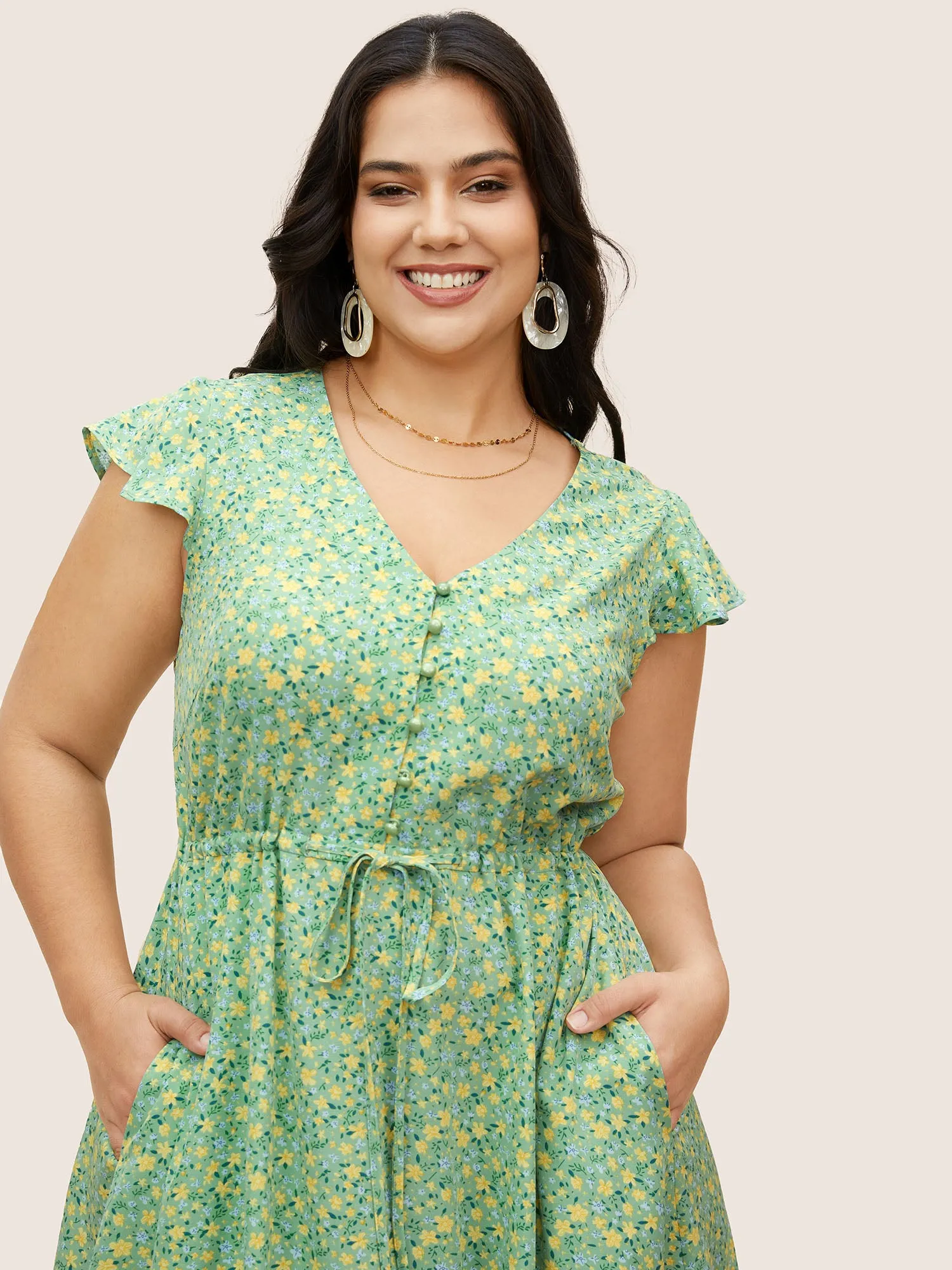 Ditsy Floral Ruffles Button Up Drawstring Dress sold by Bloomchic product image thumbnail 4