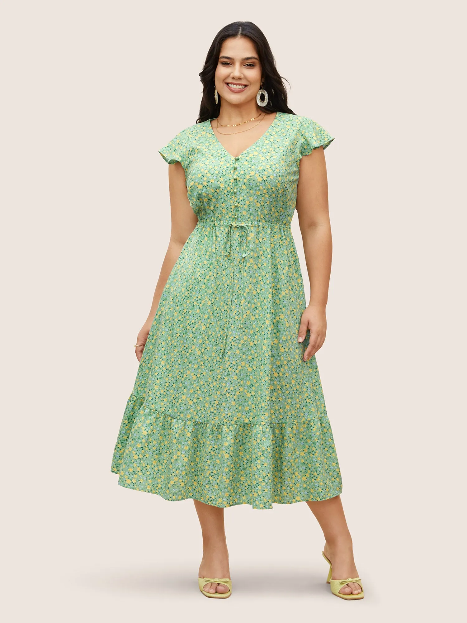 Ditsy Floral Ruffles Button Up Drawstring Dress sold by Bloomchic product image thumbnail 2